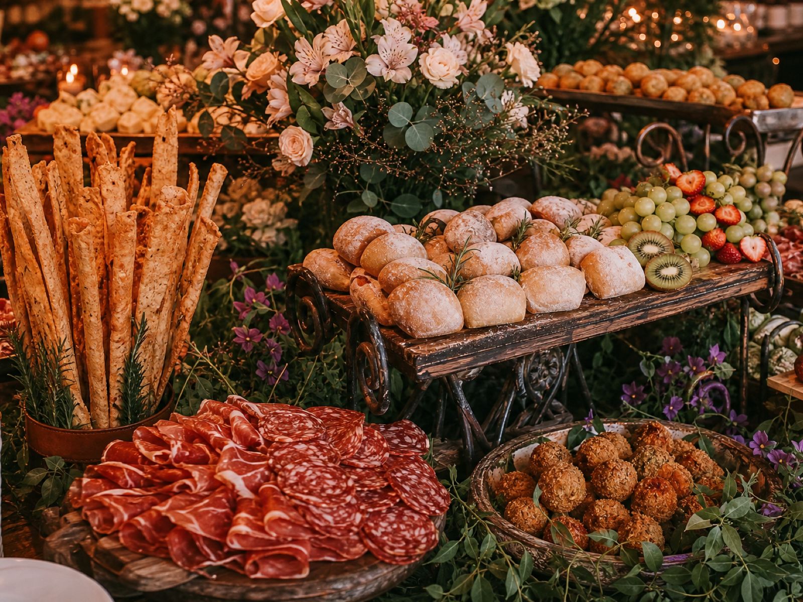Mesa de antepastos com pães, frutas, frios e arranjos florais